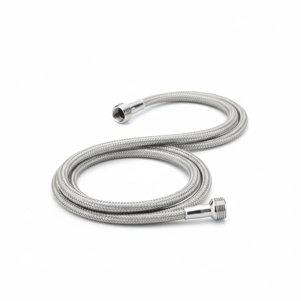 Silver braided hose with connectors on a white background