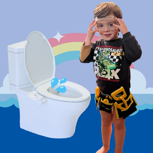 Boy with tool belt and goggles installing bidet attachment on toilet