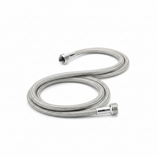 Silver braided hose with connectors on a white background